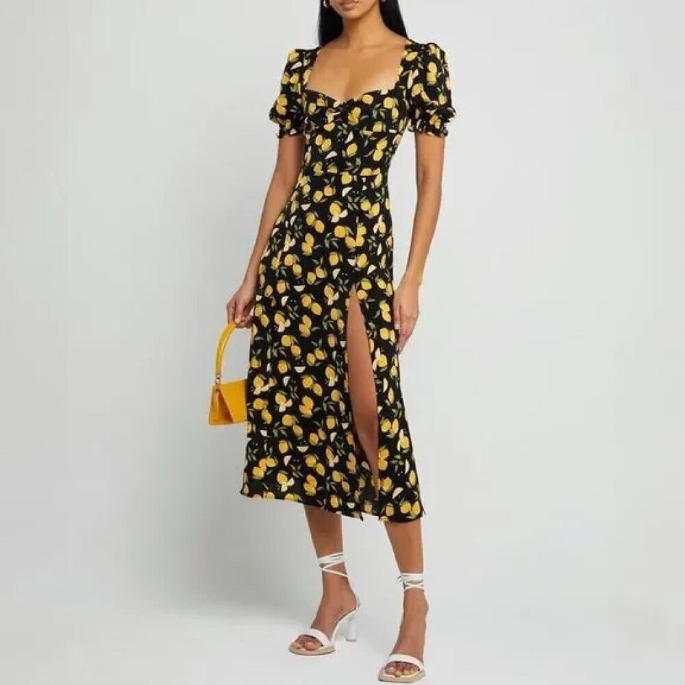 O.P.T./Few Moda Melanie Lemon Printed Puff Sleeve Slit Midi Dress Black/Yellow